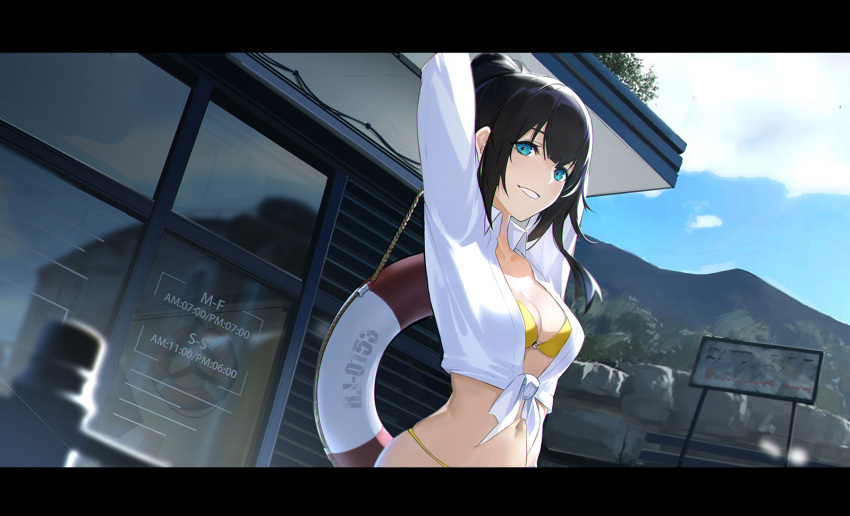 1girl arms_up bikini black_hair blue_eyes blue_sky blurry blurry_foreground breasts cleavage commentary_request crop_top day depth_of_field hair_bun highres letterboxed lifebuoy looking_at_viewer medium_breasts narcolepsy-1900 navel o-ring o-ring_bikini o-ring_top original outdoors parted_lips shirt sidelocks sky smile solo swimsuit tied_shirt yellow_bikini