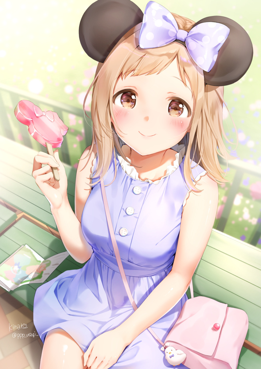 1girl animal_ears bag bare_arms bare_shoulders blush bow breasts brown_eyes closed_mouth commentary_request dress food from_above hair_bow hand_on_lap highres holding holding_food idolmaster idolmaster_shiny_colors light_brown_hair long_hair looking_at_viewer looking_up medium_breasts mickey_mouse_ears mouse_ears on_bench polka_dot polka_dot_bow popsicle purple_bow purple_dress sakuragi_mano shiratama_akane shoulder_bag signature sitting sleeveless sleeveless_dress smile solo twitter_username