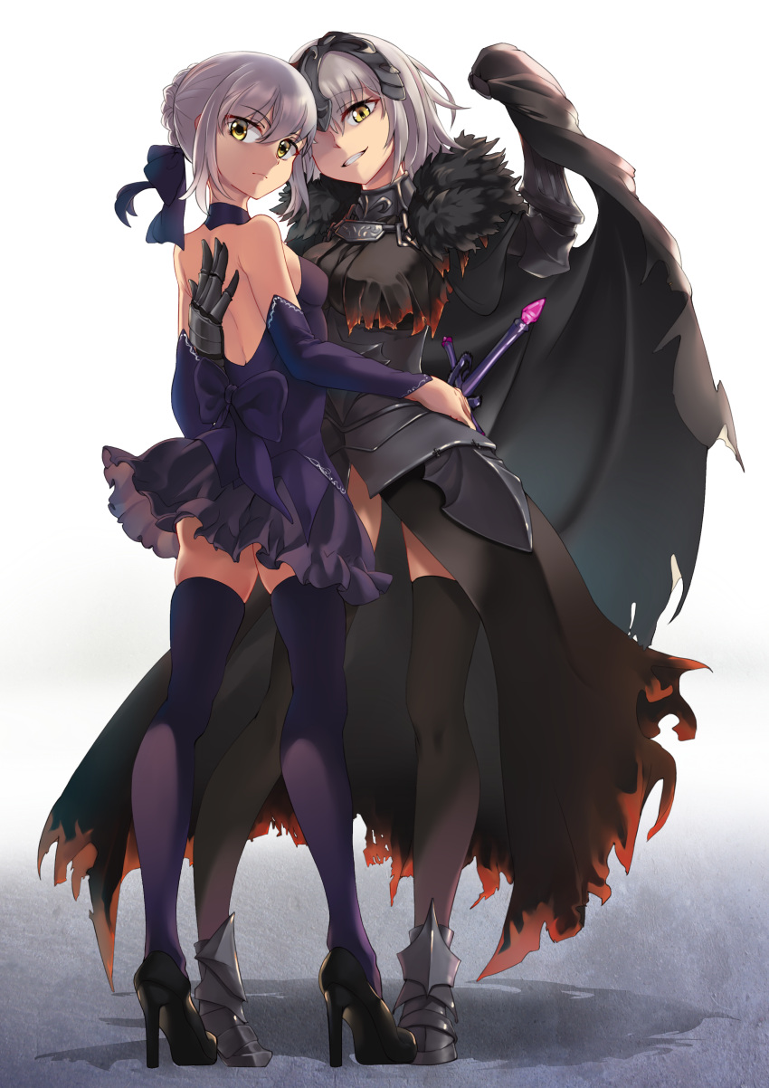 2girls absurdres arm_around_waist armor armored_dress artoria_pendragon_(all) back_bow backless_dress backless_outfit black_legwear blonde_hair bow braid breasts cape crown_braid detached_sleeves dress fate/grand_order fate_(series) fur_collar fur_trim gauntlets hair_bow high_heels highres jeanne_d'arc_(alter)_(fate) jeanne_d'arc_(fate)_(all) koufu_(seratin) looking_at_viewer looking_back multiple_girls saber saber_alter short_dress silver_hair smile standing sword thigh-highs weapon yellow_eyes