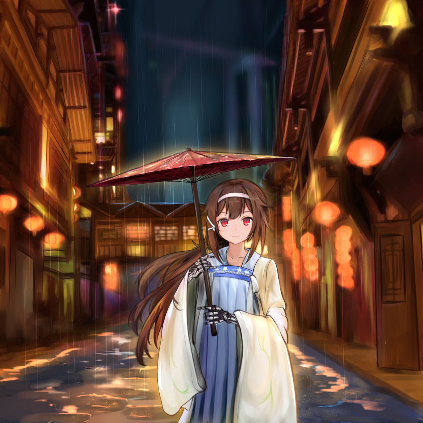 1girl android brown_hair chinese_clothes commentary girls_frontline hairband hanfu highres js_9_(girls_frontline) long_hair looking_at_viewer low-tied_long_hair mechanical_arms mole mole_under_eye rain red_eyes sechka smile umbrella