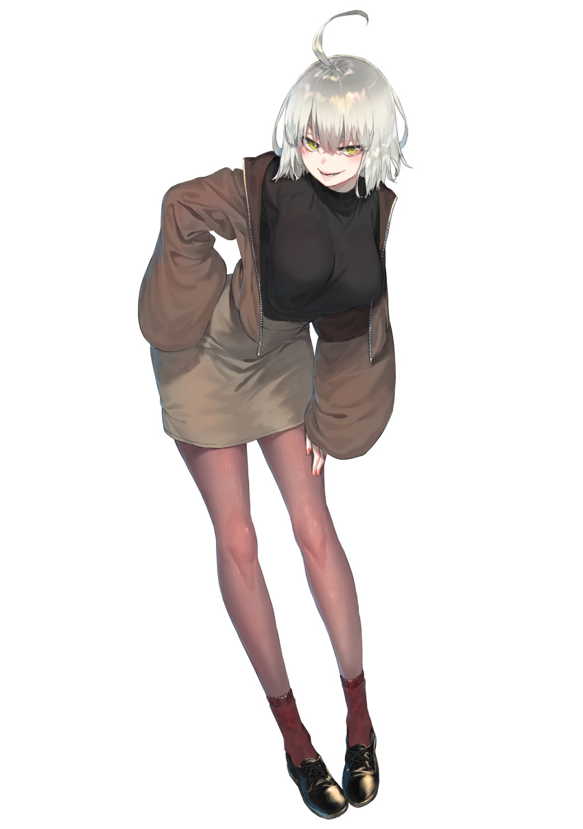 1girl absurdres ahoge black_footwear black_sweater blush breasts casual commentary_request dress eyebrows_visible_through_hair fate/grand_order fate_(series) full_body highres jacket jeanne_d'arc_(alter)_(fate) jeanne_d'arc_(fate)_(all) large_breasts leaning_forward long_sleeves looking_at_viewer off-shoulder_dress off_shoulder open_clothes open_jacket pantyhose rolua silver_hair simple_background skirt sleeves_past_wrists smile solo standing sweater tsurime white_background yellow_eyes