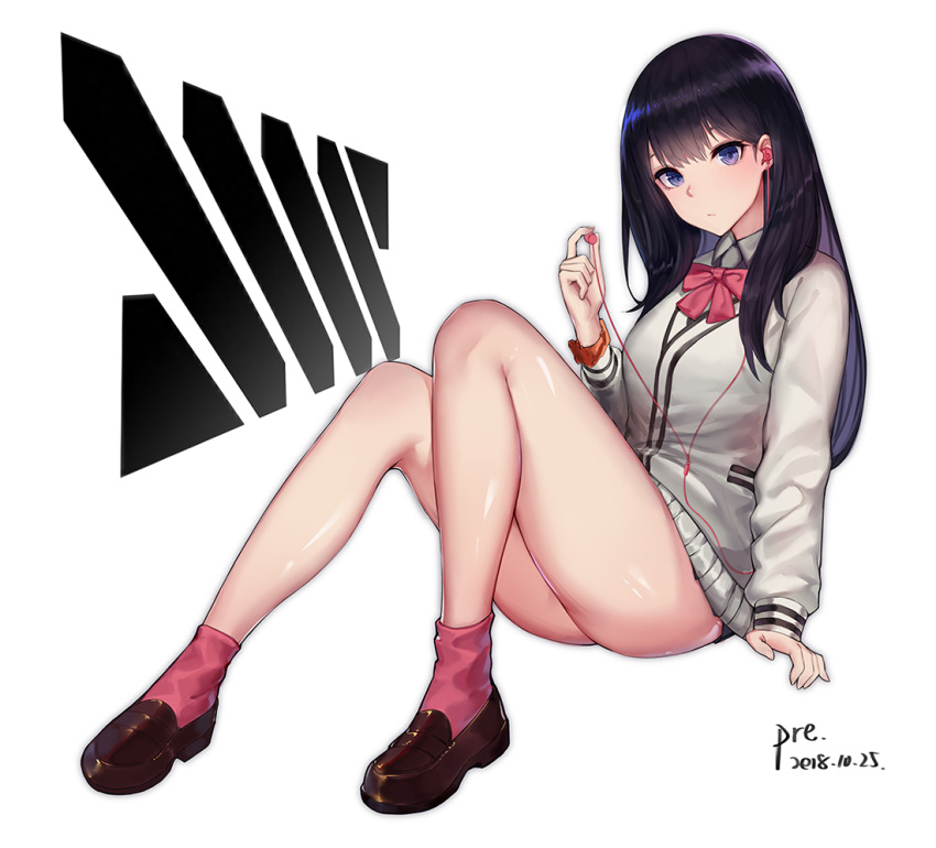 1girl black_hair blue_eyes cardigan dated earphones legs long_hair pleated_skirt pre_(17194196) red_neckwear school_uniform simple_background sitting skirt solo ssss.gridman takarada_rikka white_background