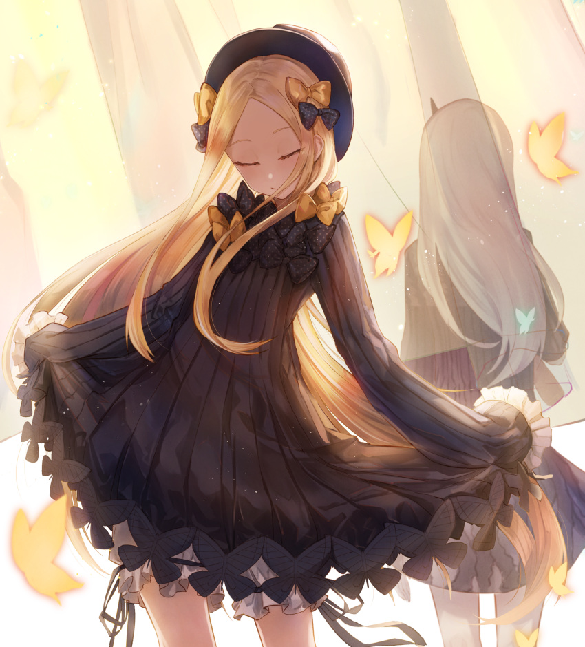 2girls abigail_williams_(fate/grand_order) absurdres bangs black_bow black_dress black_hat blonde_hair bloomers bow bug butterfly closed_eyes closed_mouth commentary_request dress eisuto facing_away facing_viewer fate/grand_order fate_(series) forehead hair_bow hat highres insect lavinia_whateley_(fate/grand_order) long_hair long_sleeves multiple_girls orange_bow parted_bangs polka_dot polka_dot_bow silver_hair sleeves_past_fingers sleeves_past_wrists standing underwear very_long_hair white_bloomers