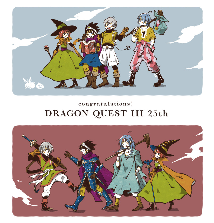 1girl armor beko breasts cape dragon_quest dragon_quest_iii gloves hat highres long_hair mage_(dq3) multiple_boys roto sage_(dq3) short_hair witch_hat
