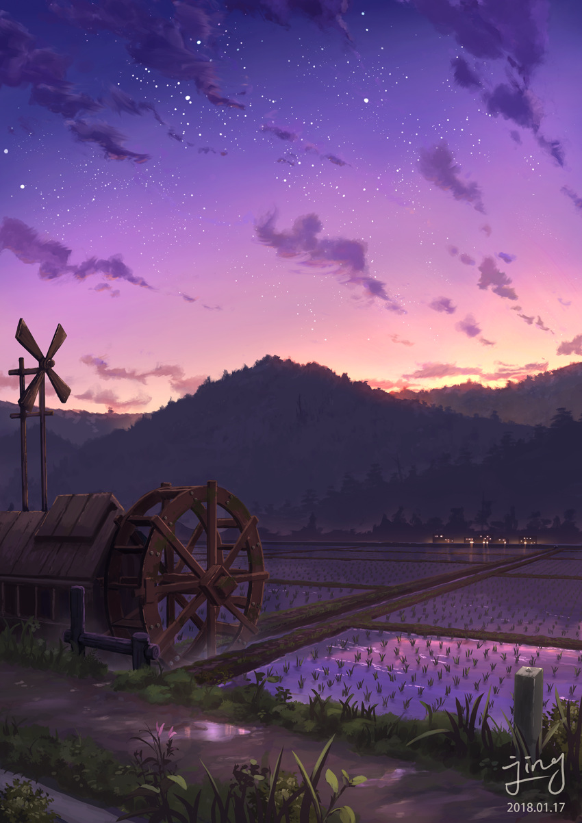 artist_name building clouds commentary_request dated farm gradient_sky grass highres jing_(jiunn1985matw) light mountain no_humans original outdoors path plant rice_paddy road scenery signature sky star_(sky) starry_sky twilight water water_wheel windmill