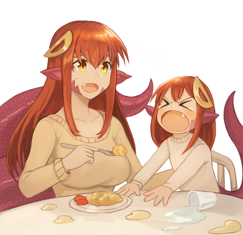 2girls collarbone commentary commission cup english_commentary food fork hair_between_eyes highres lamia long_hair miia_(monster_musume) monster_girl monster_musume_no_iru_nichijou mother_and_daughter multiple_girls original plate pointy_ears redhead scales simple_background sookmo spill sweater tears white_background xo yellow_eyes