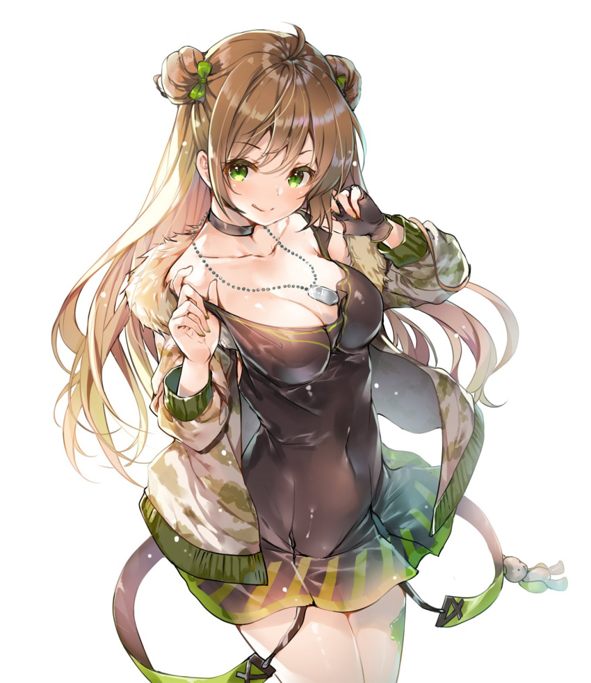 1girl :q ahoge bangs bare_shoulders black_dress black_gloves blush bow breasts brown_hair choker cleavage collarbone covered_navel dog_tags double_bun dress dress_tug eyebrows_visible_through_hair fingerless_gloves fur_trim girls_frontline gloves green_bow green_eyes green_nails hair_bow highres jacket long_hair looking_at_viewer medium_breasts miwabe_sakura nail_polish off_shoulder paint_splatter rfb_(girls_frontline) shiny shiny_skin short_dress sidelocks simple_background single_fingerless_glove smile solo strap stuffed_animal stuffed_toy teddy_bear thighs tongue tongue_out white_background