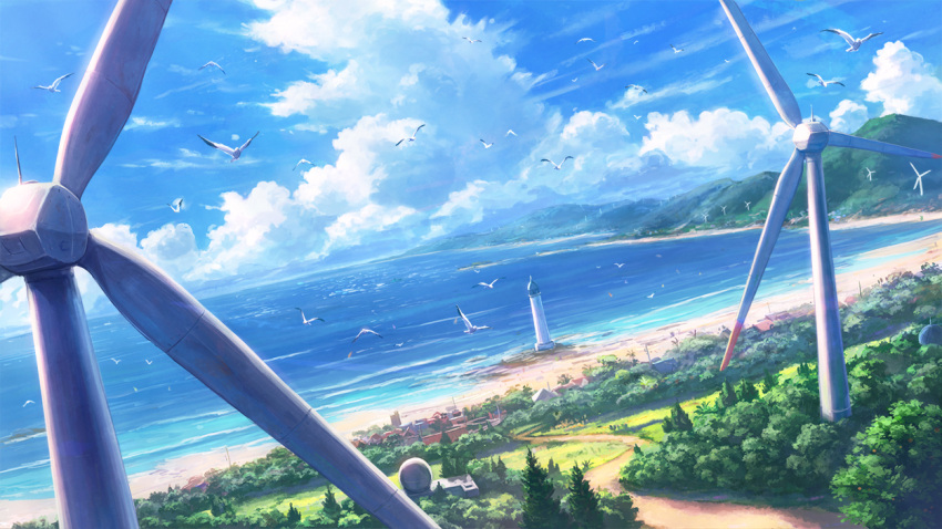 animal beach bird blue_sky building clouds cloudy_sky commentary_request day flock forest horizon island lighthouse mountain nature no_humans ocean official_art original outdoors road scenery seagull shiki_makoto shore sky town tree water wind_turbine windmill