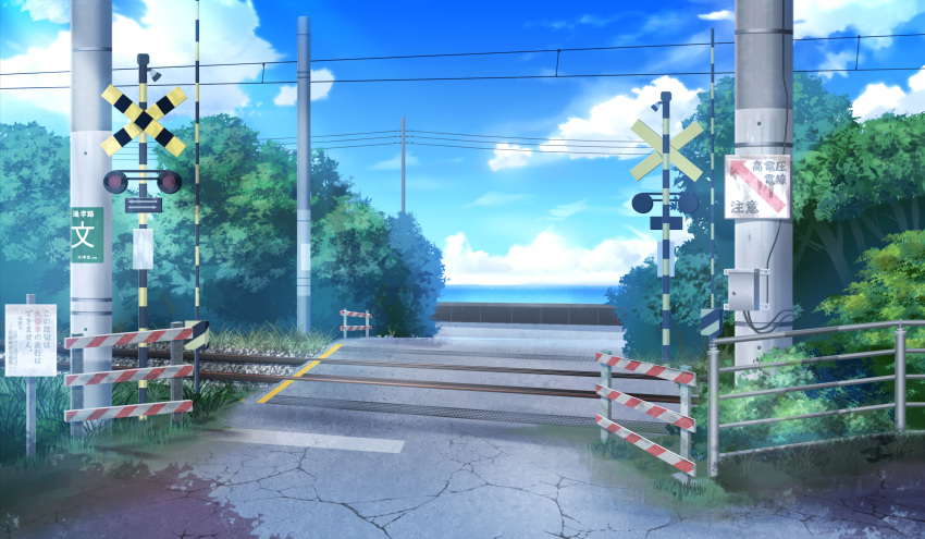 blue_sky cable clouds commentary_request day grass highres horizon no_humans ocean original outdoors power_lines railing railroad_crossing railroad_signal railroad_tracks road scenery sign sky tiya tree tree_shade water