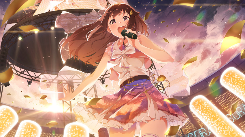 1girl bangs bare_arms bare_shoulders belt belt_buckle blush bow breasts brown_hair buckle center_frills clouds commentary_request cropped_vest eyebrows_visible_through_hair floating_hair frilled_shirt frilled_skirt frills from_below glowstick hair_ornament hairclip highres holding holding_microphone light_rays long_hair microphone multicolored multicolored_clothes multicolored_skirt music narumi_nanami outstretched_arm pink_vest pocket_watch round_teeth screen see-through shirt singing skirt smile solo stage star sun sunbeam sunlight teeth thighs tokino_sora tokino_sora_channel upper_teeth vest violet_eyes virtual_youtuber watch white_bow white_legwear white_shirt
