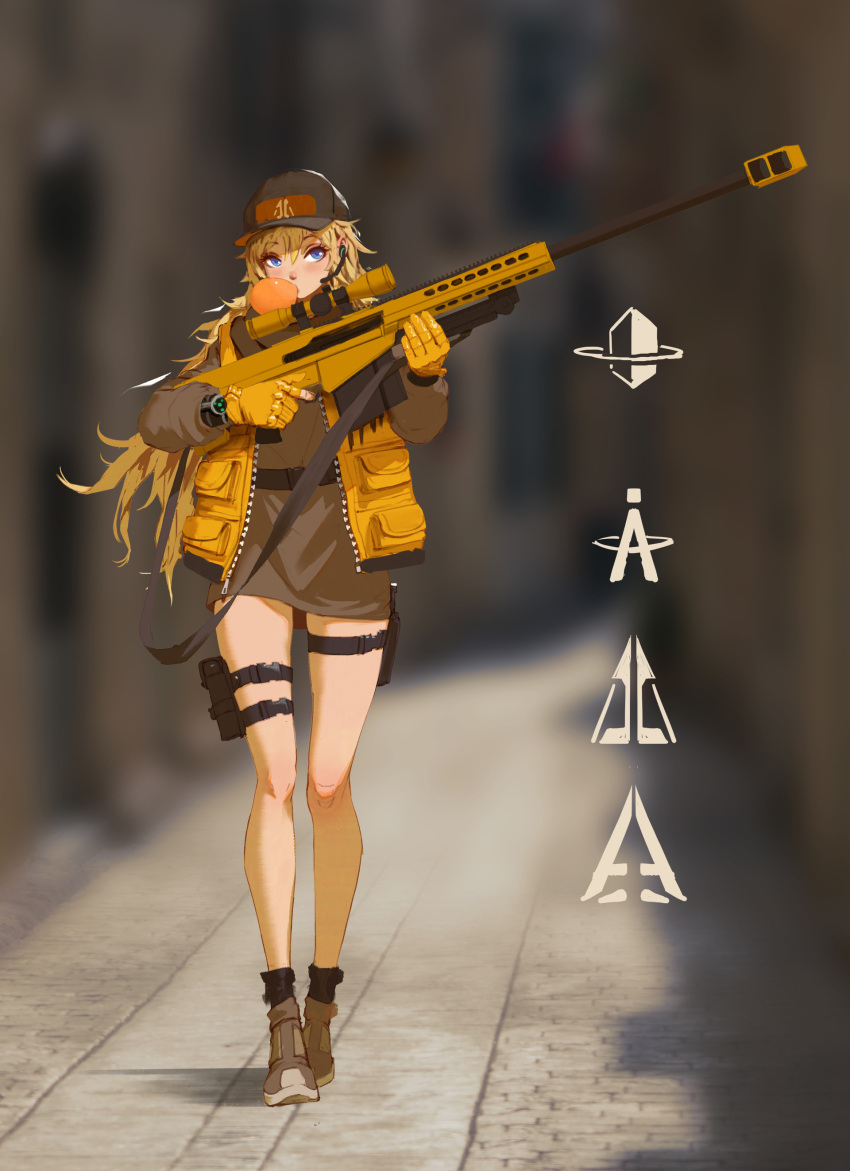 1girl absurdres baseball_cap blonde_hair blue_eyes brown_dress bubble_blowing chewing_gum commentary dress full_body gloves gun hat headset highres holster long_legs messy_hair open_clothes open_vest original partly_fingerless_gloves rifle rui_li scope shoes short_dress sneakers sniper_rifle socks solo strap thigh_holster thigh_strap trigger_discipline vest walking weapon yellow_gloves