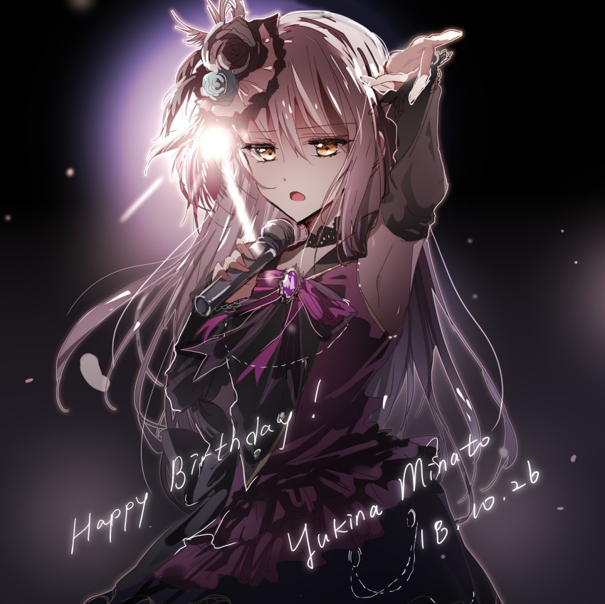 1girl arm_up armpits bang_dream! bangs black_background bow character_name choker dated detached_sleeves dress eyebrows_visible_through_hair flower frills hair_ornament happy_birthday highres lavender_hair long_hair long_sleeves microphone minato_yukina open_mouth quarkknova rose solo yellow_eyes