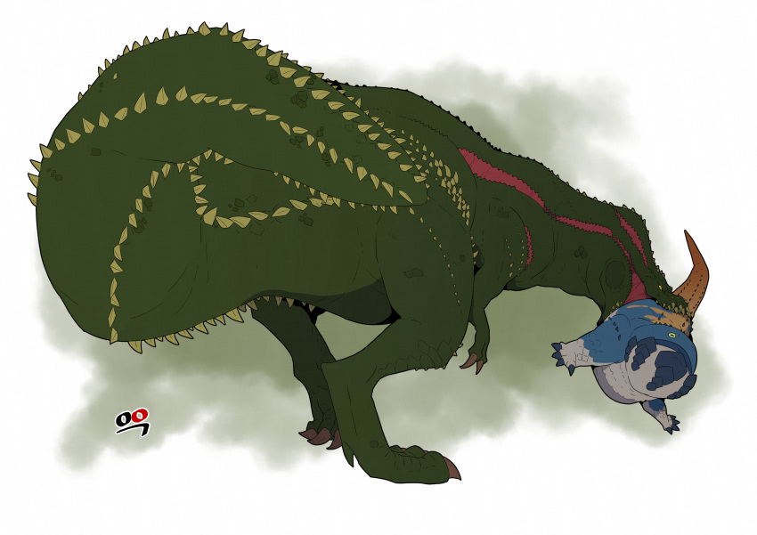 absurdres claws commentary deviljho dodogama from_side highres large_tail lizard looking_at_viewer monster monster_hunter monster_hunter:_world mouth_hold no_humans sharp_teeth signature simple_background slit_pupils spiked_tail tail teeth yellow_eyes youngno