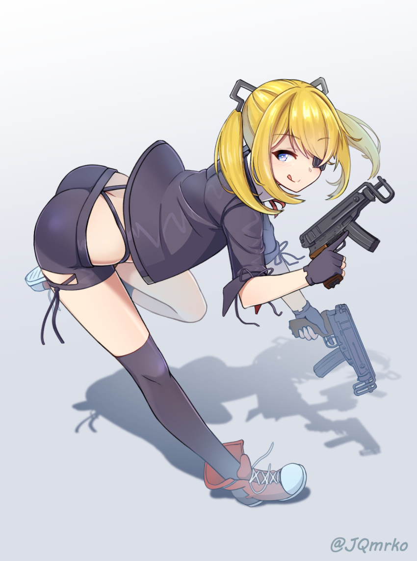 1girl ass bent_over blonde_hair blue_eyes butt_crack commentary eyebrows_visible_through_hair eyepatch fingerless_gloves from_side girls_frontline gloves gun highres holding holding_gun holding_weapon jacket looking_at_viewer manme shadow shoes short_shorts shorts skorpion_vz._61 smile sneakers standing standing_on_one_leg submachine_gun thigh-highs tongue tongue_out trigger_discipline twintails twitter_username untied_shoes vz.61_(girls_frontline) weapon whale_tail