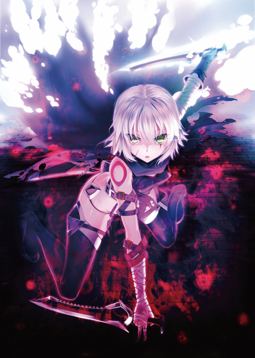 1girl absurdres asymmetrical_gloves bandage belt black_gloves black_legwear black_panties black_scarf blood blood_splatter breasts dual_wielding facial_scar fate/apocrypha fate_(series) full_body gloves green_eyes hair_between_eyes highres holding holding_knife jack_the_ripper_(fate/apocrypha) knife looking_at_viewer midriff one_knee open_mouth panties scar scar_across_eye scar_on_cheek scarf short_hair silver_hair single_glove small_breasts solo tenten_(reliance0410) thigh-highs torn_scarf underwear