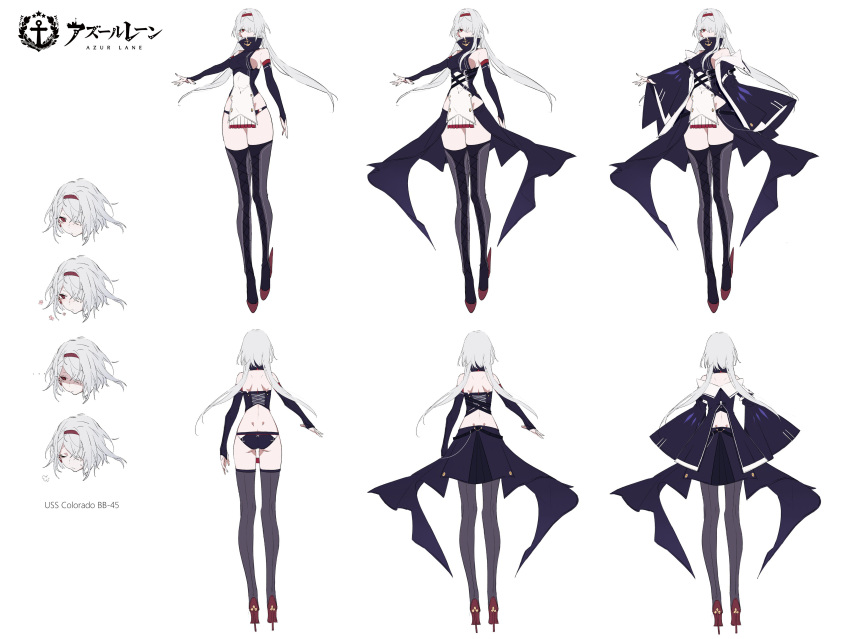 1girl absurdres azur_lane black_panties boots breasts bridal_gauntlets character_name character_sheet chuzenji colorado_(azur_lane) commentary_request expression_chart hairband highres logo long_hair pale_skin panties red_eyes rudder_shoes sideboob solo thigh-highs thigh_boots underwear white_hair