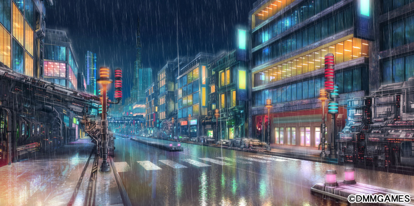 absurdres building city city_lights cityscape commentary crosswalk dark future highres night no_humans rain rapt_(47256) reflection road ryuusei_world_actor scenery science_fiction sky skyscraper street