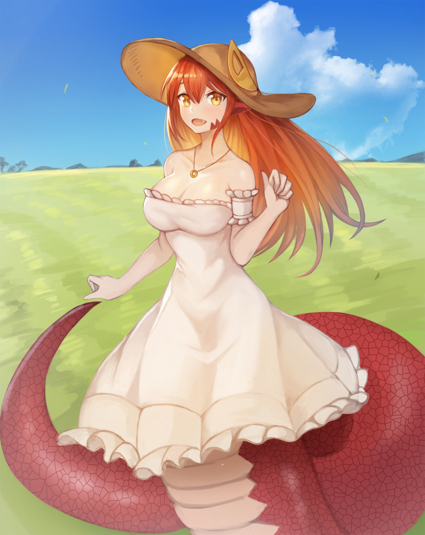 1girl :d bare_shoulders blue_sky breasts cleavage clouds collarbone commentary commission day dress english_commentary fang hair_between_eyes hat hat_ornament highres jewelry lamia large_breasts long_hair looking_at_viewer miia_(monster_musume) monster_girl monster_musume_no_iru_nichijou nature open_mouth outdoors pendant redhead scales sky smile solo sookmo strapless strapless_dress sun_hat white_dress wind yellow_eyes
