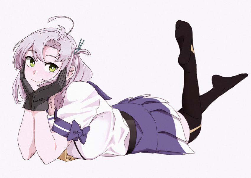 1girl :3 antenna_hair black_gloves black_legwear full_body gloves green_eyes grey_background grey_hair hair_tie hands_on_own_face kantai_collection kinugasa_(kantai_collection) looking_at_viewer lying neckerchief necktie ojipon on_stomach pleated_skirt purple_sailor_collar purple_skirt remodel_(kantai_collection) sailor_collar school_uniform serafuku side_ponytail simple_background skirt smile solo thigh-highs yellow_neckwear