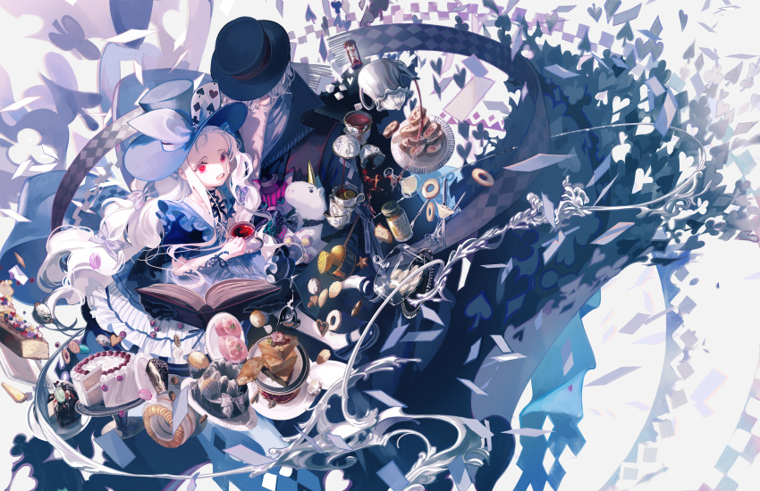 1boy 1girl abstract absurdres beard book bow bowtie cake cheshire_cat closed_eyes club_(shape) cocktail_glass cookie cup diamond_(shape) dress drinking_glass facial_hair food frilled_dress frills grey_hair hair_bow heart highres holding hourglass huge_filesize isekai_goumonhime jam jar knife looking_at_viewer looking_down old_man open_mouth pale_skin pink_hair plate pouring red_eyes saucer smile solo spade_(shape) stuffed_animal stuffed_toy tea teacup ukai_saki unicorn white_hair