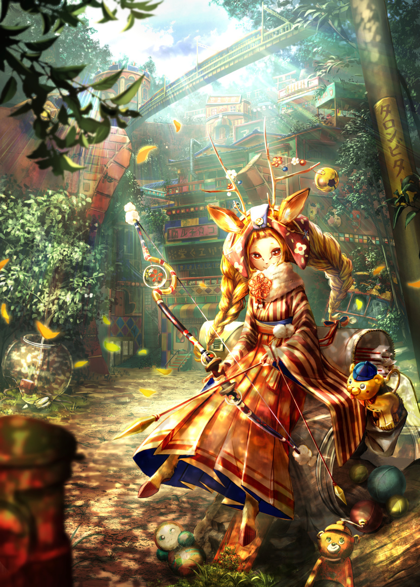 1girl absurdres animal_ears antlers arrow awning blue_sky bow_(weapon) braid brown_hair building dappled_sunlight day deer_ears deer_girl doll fantasy forest hakama highres hooves huge_filesize japanese_clothes kokorin long_hair looking_at_viewer nature original outdoors quiver red_eyes sitting sky solo stairs sunlight tree twin_braids weapon white_sleeves