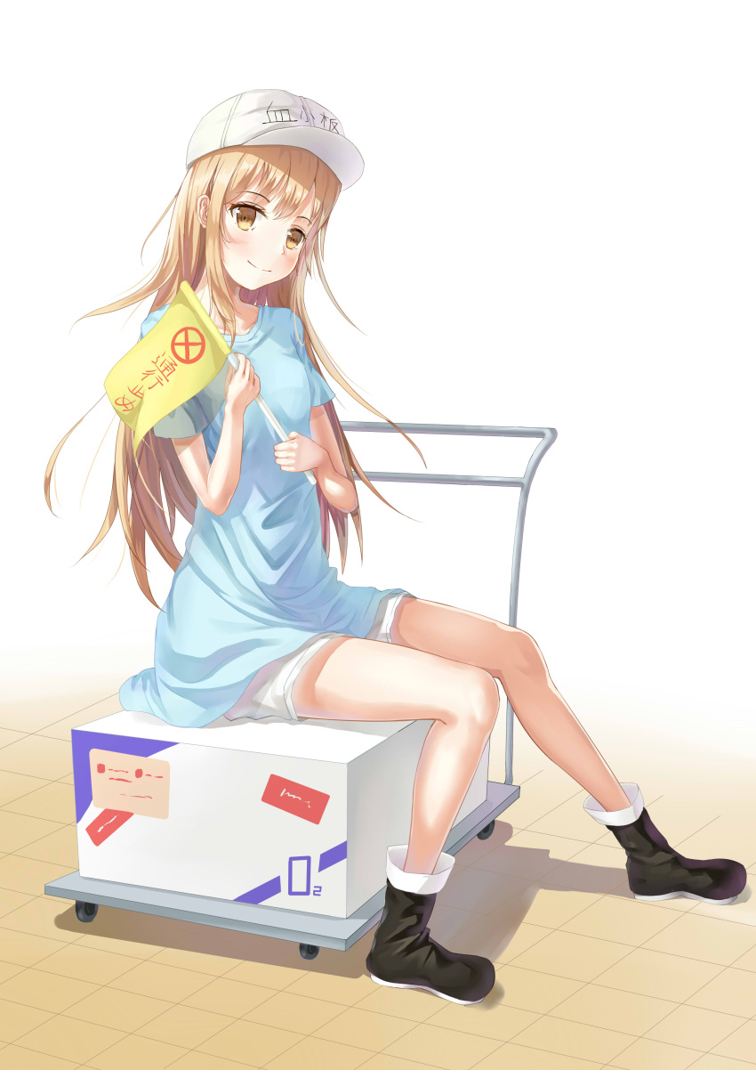 1girl absurdres allice_marisa black_footwear blonde_hair blue_shirt blush character_name flag floating_hair full_body hat hataraku_saibou head_tilt highres holding holding_flag long_hair looking_at_viewer platelet_(hataraku_saibou) shirt short_shorts short_sleeves shorts simple_background sitting smile solo very_long_hair white_background white_hat white_shorts yellow_eyes