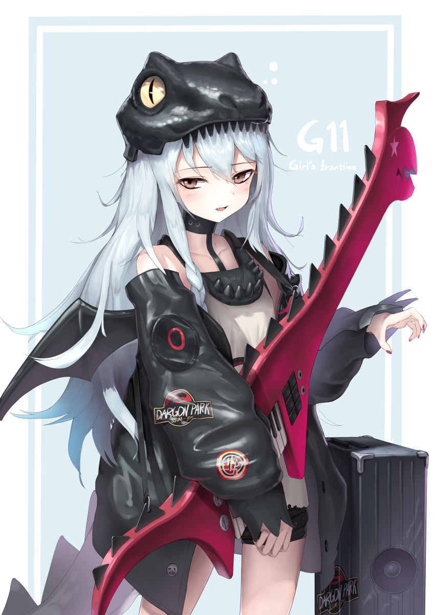 absurdres alternate_costume bare_shoulders black_coat black_shorts blue_background blue_hair blush border braid breasts brown_eyes character_name claw_pose coat collarbone copyright_name cowboy_shot dragon_hat dragon_tail dragon_wings fang fingernails g11_(girls_frontline) girls_frontline hair_between_eyes highres instrument jurassic_park keytar logo long_hair long_sleeves nail_polish nieun3568 off_shoulder open_clothes open_coat pink_nails puffy_long_sleeves puffy_sleeves sharp_teeth shirt short_shorts shorts simple_background single_braid slit_pupils speaker tail teeth very_long_hair white_border white_shirt wings