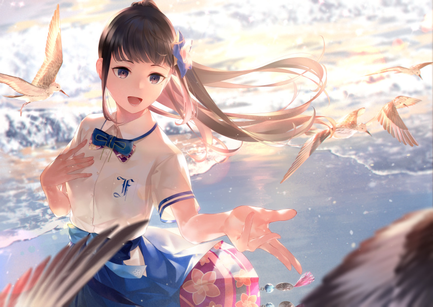 1girl aoi_ch. backlighting bangs beach bird black_hair bow bowtie commentary flower fuji_aoi hair_flower hair_ornament hakama_skirt hand_on_own_chest highres long_hair looking_to_the_side music ocean open_mouth ponytail school_uniform short_sleeves singing smile solo sousou_(sousouworks) upper_body virtual_youtuber water wind