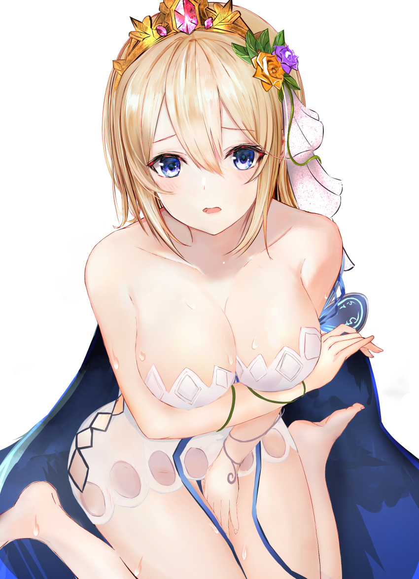 1girl absurdres arm_under_breasts bangs bare_shoulders blonde_hair blue_eyes blush breast_hold breasts cleavage collarbone commentary_request dress europa_(granblue_fantasy) eyebrows_visible_through_hair flower granblue_fantasy hair_between_eyes hair_flower hair_ornament hair_ribbon highres large_breasts long_hair looking_at_viewer orange_flower orange_rose parted_lips purple_flower purple_rose ria_(riarea00) ribbon rose simple_background sitting solo strapless strapless_dress sweat tiara wariza white_background white_dress white_ribbon