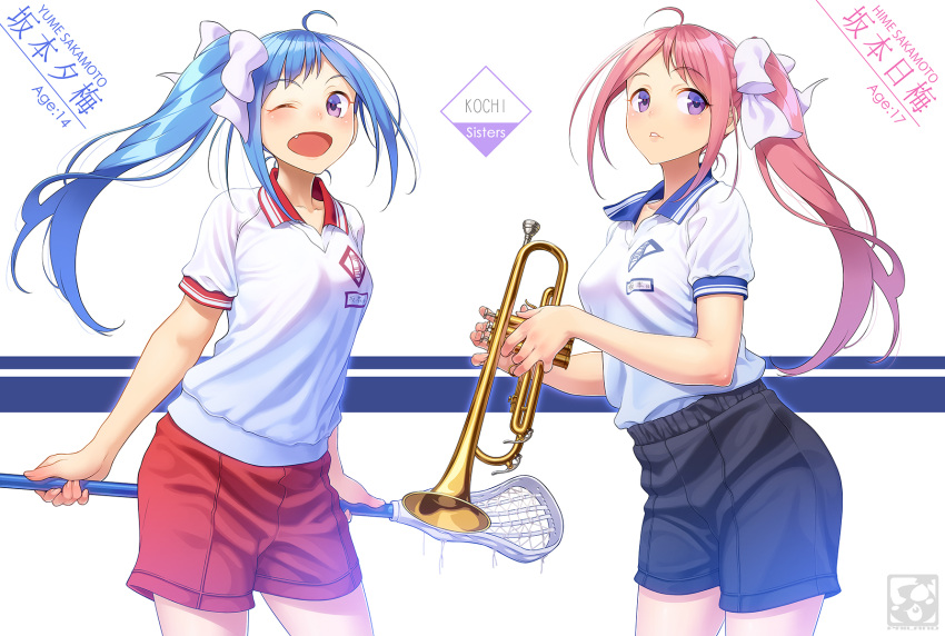 2girls ;d ahoge artist_logo artist_name bangs black_shorts blue_hair blush bow breasts character_name closed_eyes clothes_writing collared_shirt commentary_request contrapposto cowboy_shot cricket_bat eyebrows_visible_through_hair fang gym_shirt gym_shorts gym_uniform hair_bow highres holding holding_instrument instrument lipstick long_hair looking_at_viewer makeup multiple_girls one_eye_closed open_mouth original pairan parted_bangs pink_hair pink_lips red_shorts sakamoto_hime_(pairan) sakamoto_yume_(pairan) shiny shiny_hair shirt short_sleeves shorts siblings side_ponytail sidelocks simple_background sisters small_breasts smile trumpet violet_eyes white_background white_bow white_shirt