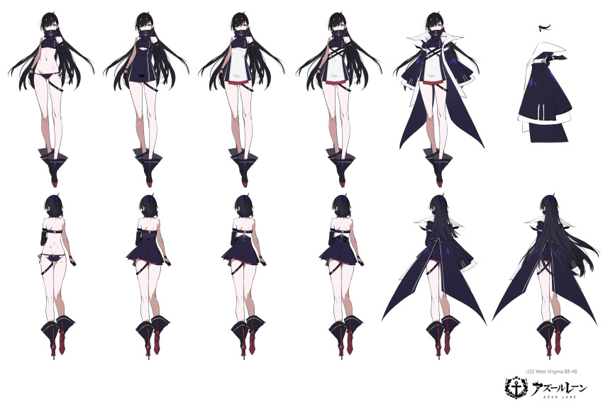 1girl absurdres ankle_boots azur_lane black_hair black_panties boots breasts bridal_gauntlets character_name character_sheet chuzenji coat commentary_request expression_chart highres legs logo long_hair overcoat pale_skin panties red_eyes thigh_strap under_boob underwear west_virginia_(azur_lane)