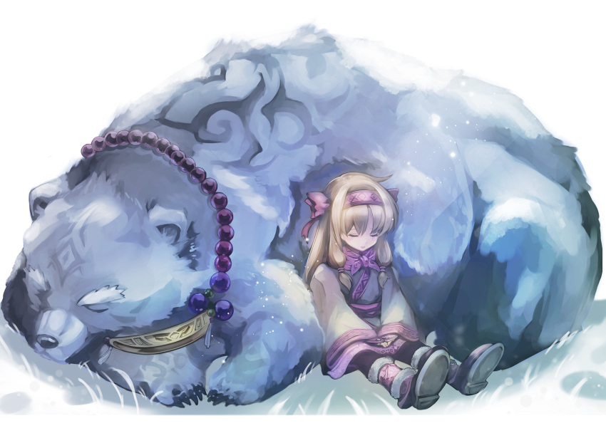 1girl ainu_clothes bead_necklace beads bear fate/grand_order fate_(series) fur_trim highres jewelry long_hair namaashi_(user_fuga4235) necklace polar_bear sitonai sleeping snow thick_eyebrows wide_sleeves