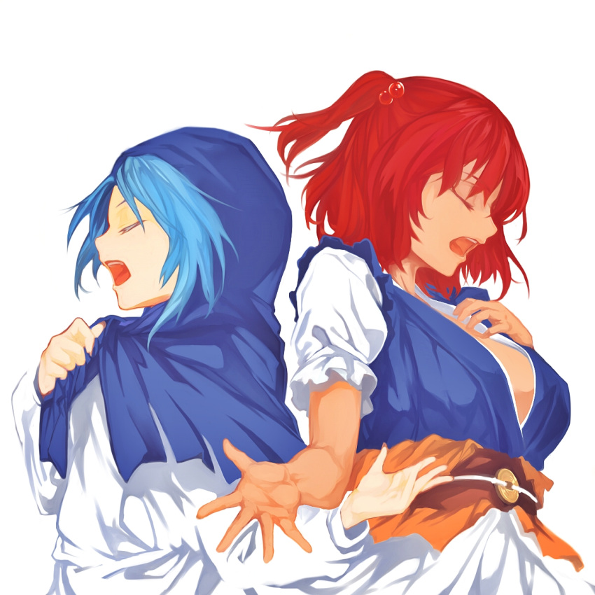 2girls apron bangs belt blue_capelet blue_dress blue_hair breasts capelet closed_eyes commentary_request cookie_(touhou) dress eyebrows_visible_through_hair hair_bobbles hair_ornament hand_on_own_chest hand_up highres hood hooded_capelet kumoi_ichirin large_breasts long_sleeves multiple_girls onozuka_komachi open_mouth profile puffy_short_sleeves puffy_sleeves redhead short_hair short_sleeves simple_background solidstatesurvivor touhou two_side_up upper_body waist_apron white_apron white_background white_dress