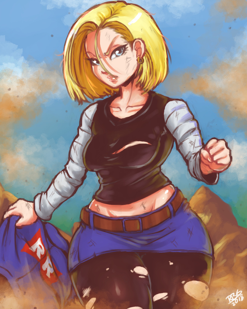 1girl android_18 belt black_legwear blonde_hair blue_eyes blue_skirt breasts clenched_hand denim denim_skirt dragon_ball dragonball_z earrings groin hair_between_eyes highres jacket jacket_removed jewelry lips looking_at_viewer medium_breasts midriff miniskirt pantyhose randomboobguy red_ribbon_army serious short_hair skirt solo thick_thighs thighs torn_clothes torn_legwear undressing wide_hips you_gonna_get_raped