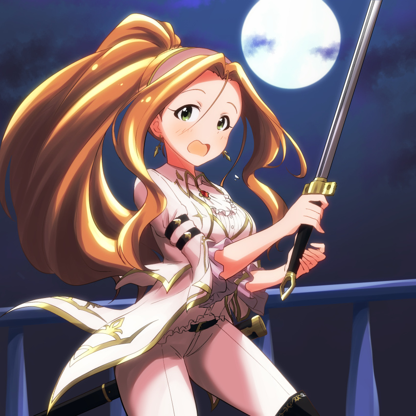 1girl asanaya belt black_footwear boots brown_hair cowboy_shot dress_shirt earrings floating_hair full_moon green_eyes hair_between_eyes high_heels highres holding holding_sword holding_weapon idolmaster idolmaster_million_live! idolmaster_million_live!_theater_days jewelry long_hair looking_at_viewer moon night nikaidou_chizuru open_mouth outdoors pants sheath shirt solo sword thigh-highs thigh_boots very_long_hair weapon white_pants white_shirt