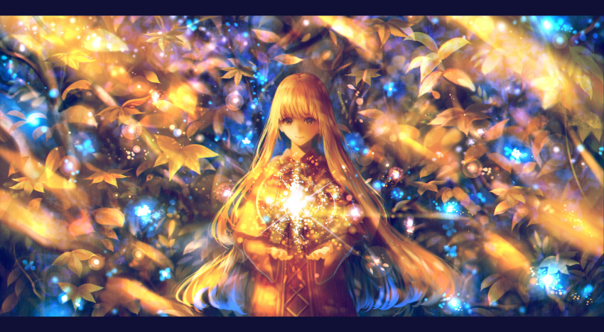 1girl abstract bangs branch capelet closed_mouth commentary_request cross-laced_clothes highres leaf letterboxed light_particles light_rays long_hair looking_at_viewer magic original robe sakimori_(hououbds) smile solo wide_sleeves yellow