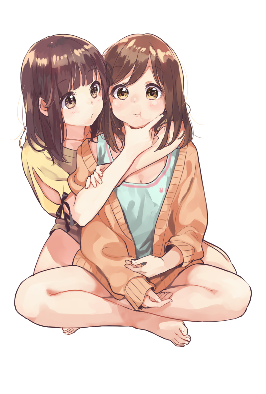2girls :t bangs bare_legs barefoot black_bow blue_shirt blush borrowed_character bow brown_eyes brown_hair brown_jacket closed_mouth commentary_request eyebrows_visible_through_hair fingernails highres jacket legs_crossed long_hair long_sleeves menhera multiple_girls open_clothes open_jacket original pomu puffy_short_sleeves puffy_sleeves shirt short_sleeves simple_background sitting sleeves_past_wrists toenails white_background yellow_shirt