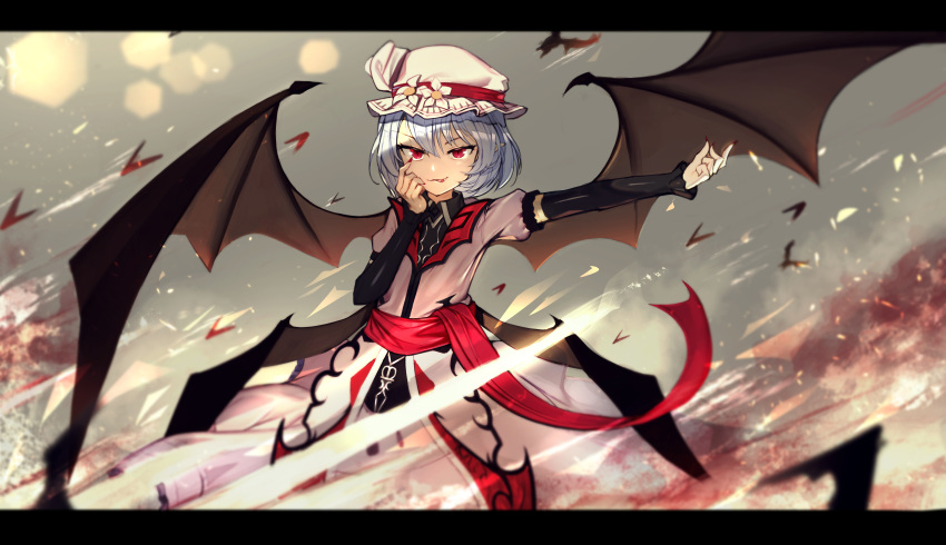1girl :3 absurdres alternate_costume arm_up closed_mouth eyebrows_visible_through_hair flower hat hat_ribbon highres koumajou_densetsu lavender_hair letterboxed looking_at_viewer mob_cap nail_polish red_eyes red_nails red_ribbon remilia_scarlet ribbon short_sleeves smile solo touhou tttanggvl wings