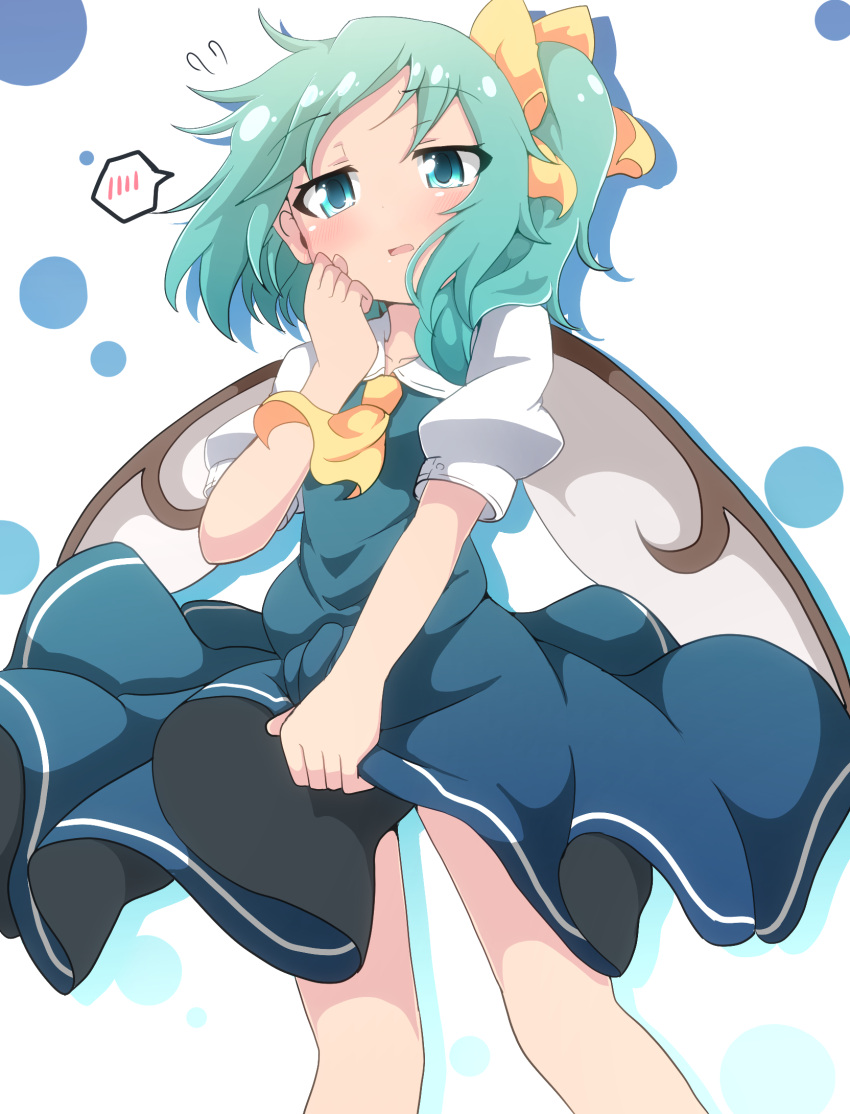 1girl aqua_eyes ascot blue_dress blush commentary_request daiyousei do_(4-rt) dress dress_tug eyebrows_visible_through_hair fairy_wings green_hair hair_ribbon highres long_hair looking_at_viewer open_mouth puffy_short_sleeves puffy_sleeves ribbon short_sleeves side_ponytail simple_background solo spoken_blush touhou white_background wings yellow_neckwear yellow_ribbon