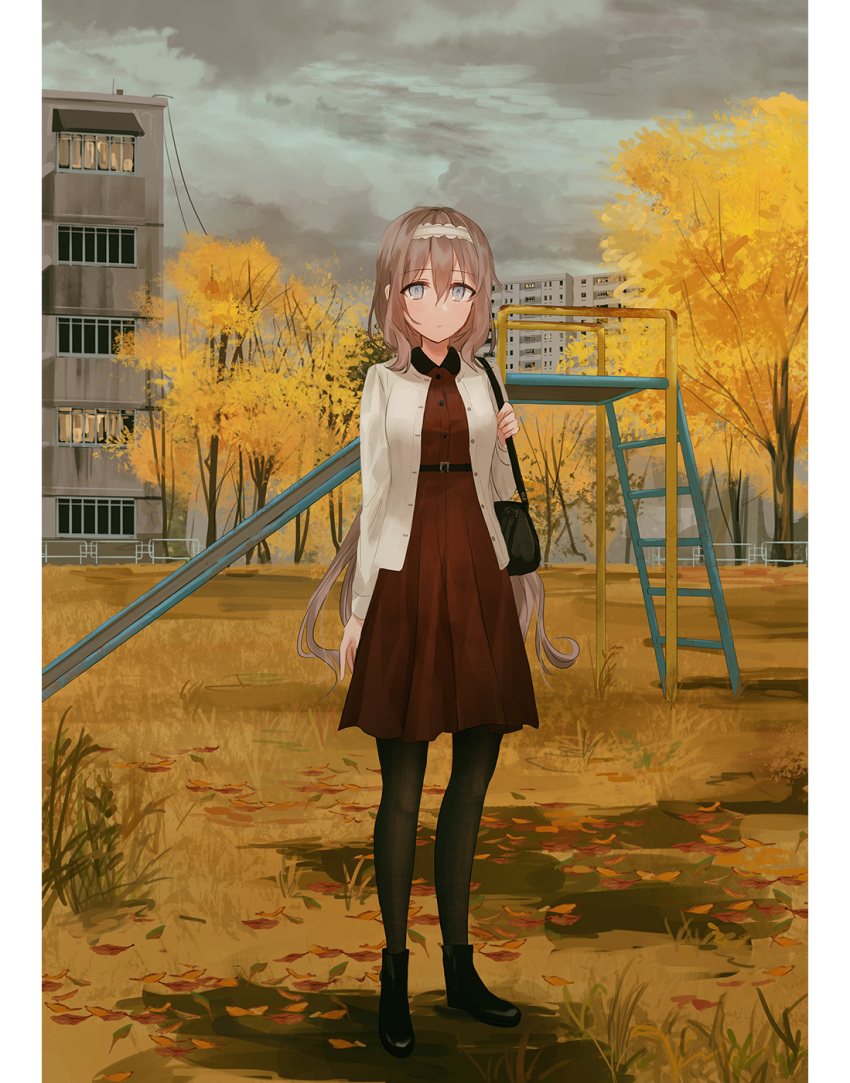 1girl autumn_leaves bag bangs black_footwear black_legwear blush boots breasts building chihuri closed_mouth clouds cloudy_sky collared_dress day dress eyebrows_visible_through_hair grey_eyes hair_between_eyes hairband handbag highres jacket light_brown_hair long_hair long_sleeves looking_at_viewer open_clothes open_jacket original outdoors overcast pantyhose pleated_dress red_dress shoulder_bag sidelocks sky slide small_breasts solo standing tree very_long_hair white_hairband white_jacket window