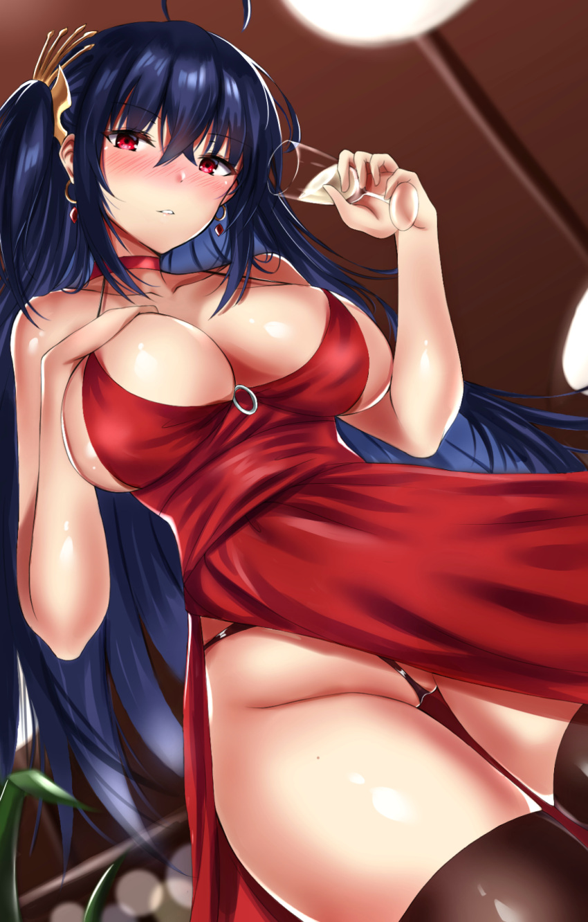 1girl ahoge azur_lane bangs bare_shoulders black_hair blush breasts brown_legwear cleavage closed_mouth collarbone cup dress drinking_glass earrings farys_(afopahqfw) hair_ornament hand_on_own_chest highres hips jewelry large_breasts long_hair looking_at_viewer parted_lips red_dress red_eyes solo taihou_(azur_lane) thigh-highs thighs waist