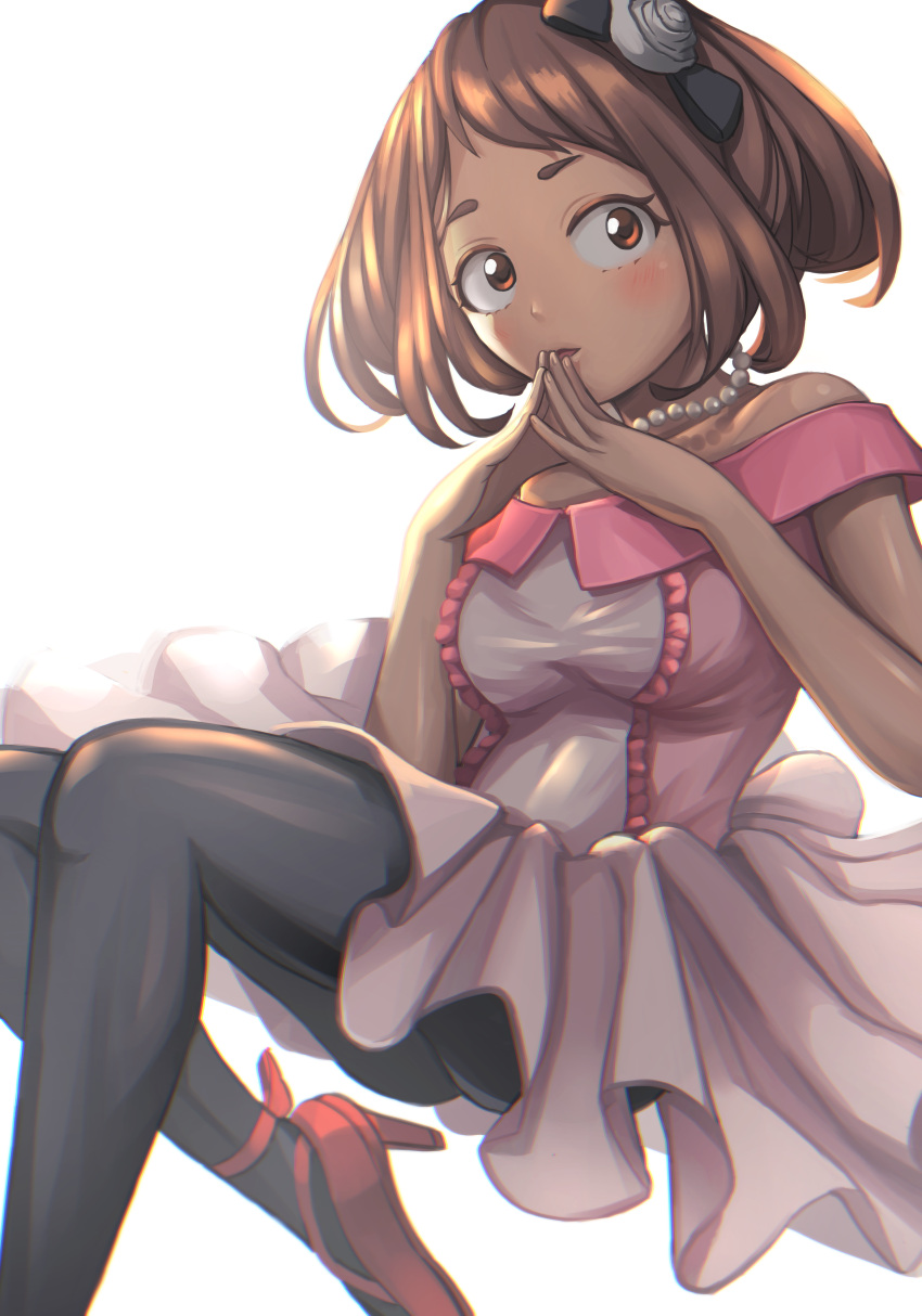 1girl absurdres black_legwear blush boku_no_hero_academia brown_eyes brown_hair commentary_request dress eyelashes fingers_together flower hair_flower hair_ornament high_heels highres huge_filesize jewelry looking_at_viewer mikazukiblue necklace off-shoulder_dress off_shoulder pantyhose pearl_necklace pink_dress short_hair solo strapless strapless_dress uraraka_ochako white_background