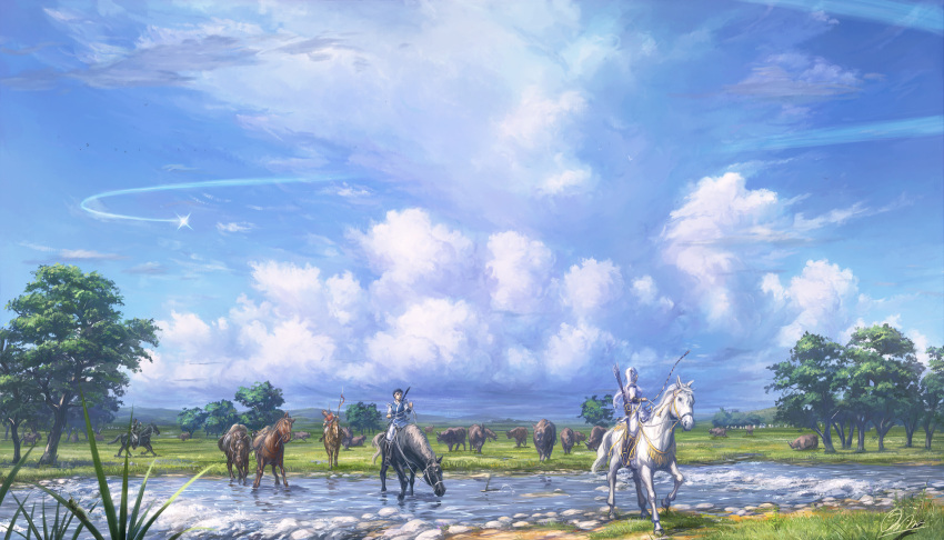 1boy 1other 2girls absurdres ambiguous_gender animal black_footwear black_hair blue_sky boots bow_(weapon) branch breasts clouds cloudy_sky commentary_request day facing_away flag grass highres holding holding_reins holding_weapon horizon horse leaning_to_the_side long_hair looking_at_another meadow multiple_girls original outdoors plant polearm ponytail quiver reins rhinoceros river rock saddle saddlebags scenery shiki_makoto shooting_star short_hair signature sky spear tree tree_shade weapon white_hair