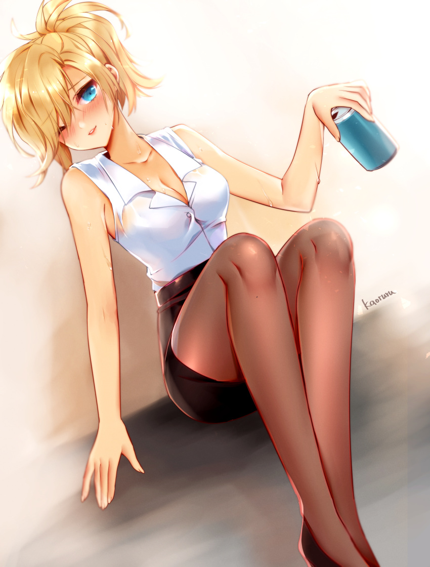 1girl absurdres artist_name atobesakunolove blonde_hair blue_eyes blush breasts can cleavage hair_over_one_eye high_ponytail highres medium_breasts mercy_(overwatch) one_eye_closed overwatch pantyhose ponytail sitting soda_can solo sweat