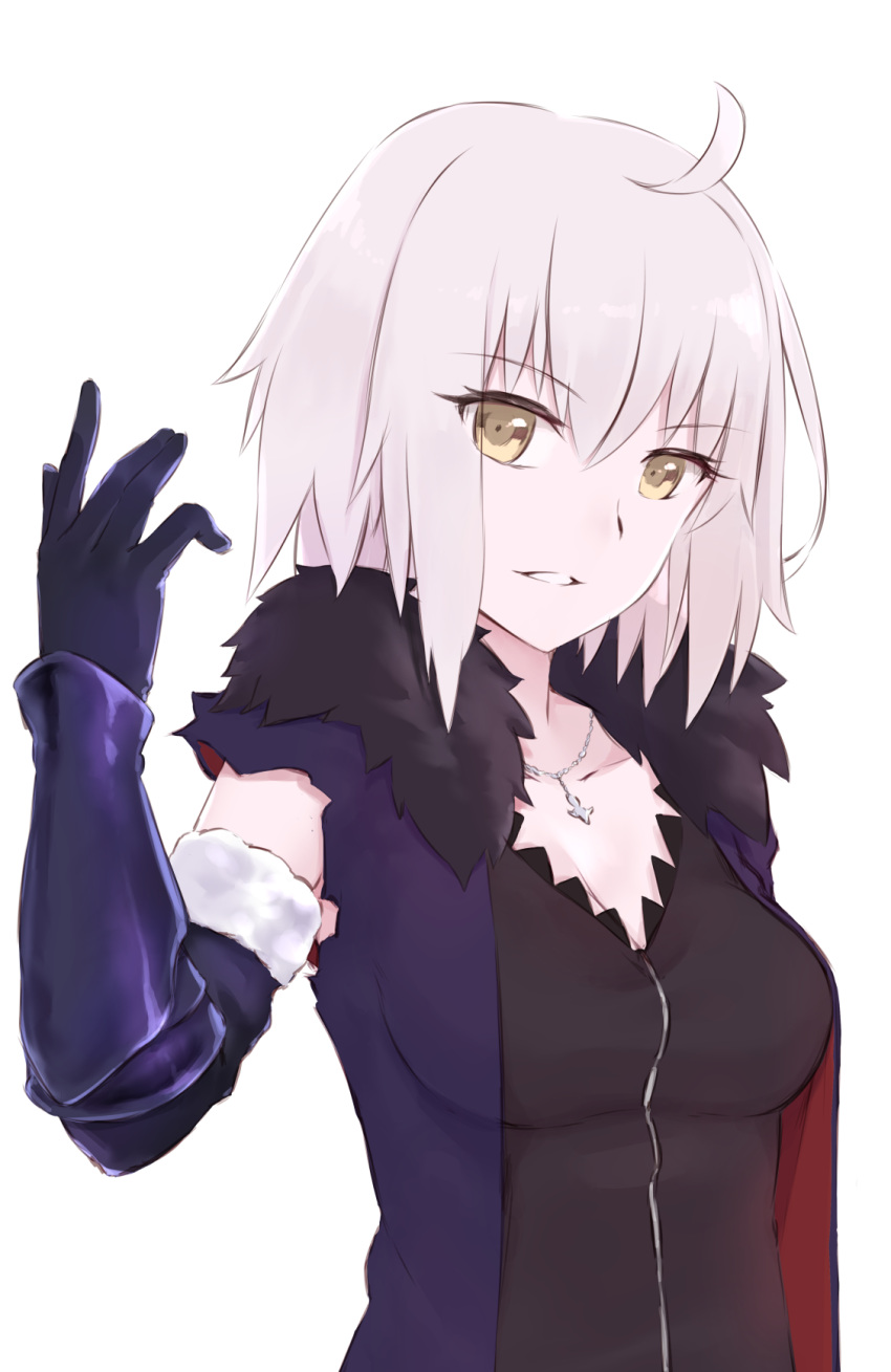 1girl ahoge bangs black_dress blue_gloves breasts brown_eyes collarbone commentary_request dress elbow_gloves eyebrows_visible_through_hair fate/grand_order fate_(series) fur-trimmed_gloves fur-trimmed_jacket fur_trim gloves grey_hair hair_between_eyes head_tilt highres jacket jeanne_d'arc_(alter)_(fate) jeanne_d'arc_(fate)_(all) jewelry jilu looking_at_viewer medium_breasts open_clothes open_jacket parted_lips pendant purple_jacket simple_background solo torn_jacket upper_body vambraces white_background wicked_dragon_witch_ver._shinjuku_1999