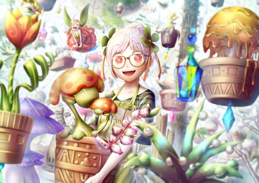 1girl :d absurdres blurry blurry_background carrying fairy fantasy floating floating_object flower flower_box gem glasses greenhouse hair_ornament highres kokorin open_mouth original pale_skin pink_eyes plant potted_plant red_eyes short_hair smile standing third_eye tree white_hair yellow-framed_eyewear