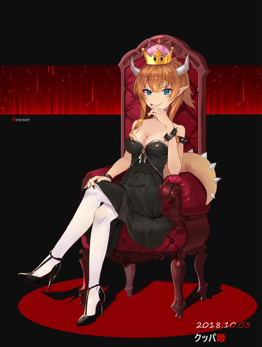 1girl artist_name bangs bare_shoulders black_dress blue_eyes bowsette bracelet breasts brooch chair character_name cleavage collarbone commentary_request dated dress erect_nipples eyebrows_visible_through_hair fang finger_to_mouth full_body high_heels highres horns jewelry large_breasts legs_crossed long_nails looking_at_viewer madao_desu super_mario_bros. nail_polish new_super_mario_bros._u_deluxe nintendo pantyhose pointy_ears ponytail shadow sidelocks sitting sleeveless sleeveless_dress smile solo spiked_armlet spiked_bracelet spiked_tail spikes super_crown white_legwear