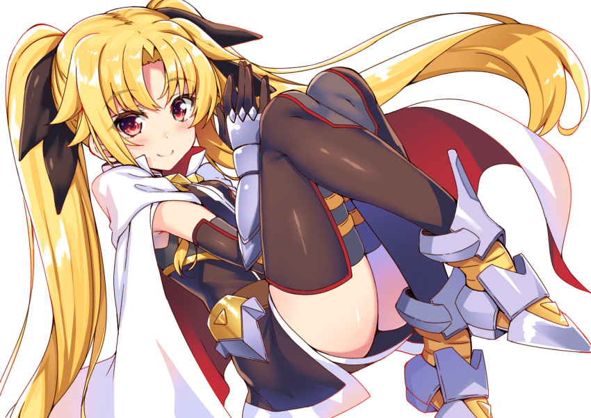 1girl absurdres armored_boots black_bow black_gloves black_sleeves blonde_hair blush boots bow cape elbow_gloves eyebrows_visible_through_hair fate_testarossa floating_hair gloves hair_bow hands_together highres long_hair looking_at_viewer lyrical_nanoha mahou_shoujo_lyrical_nanoha mahou_shoujo_lyrical_nanoha_a's raiou red_eyes shiny shiny_hair short_sleeves simple_background sitting smile solo very_long_hair white_background white_cape