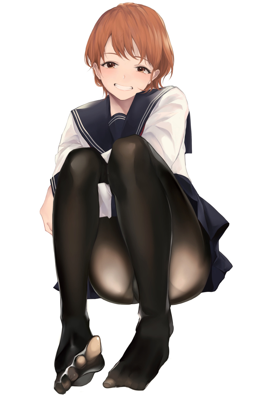 1girl absurdres akito_(d30n26) arm_across_waist arm_at_side black_legwear blue_sailor_collar blue_skirt blush brown_eyes brown_hair commentary_request feet full_body grin highres long_sleeves looking_at_viewer neckerchief open_mouth original panties panties_under_pantyhose pantyhose parted_lips pleated_skirt red_neckwear sailor_collar shirt short_hair simple_background sitting skirt smile solo toenails toes underwear white_background white_panties white_shirt
