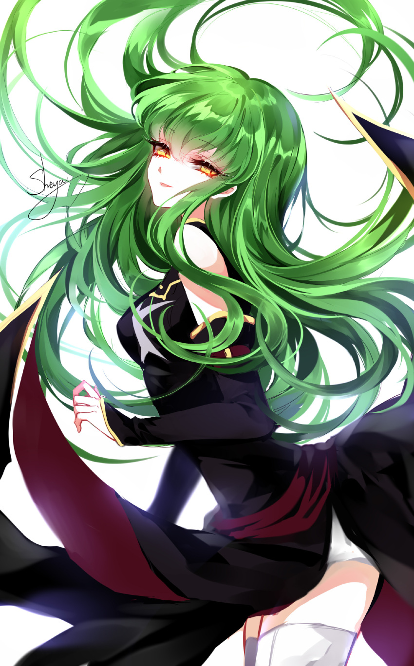 1girl absurdres artist_name bangs bare_shoulders black_dress breasts c.c. code_geass commentary cowboy_shot detached_sleeves dress eyebrows_visible_through_hair eyelashes from_side green_hair hair_between_eyes head_tilt highres long_hair long_sleeves looking_at_viewer medium_breasts parted_lips red_sash sash sheya side_slit signature simple_background smile solo standing thigh-highs thighs white_background white_legwear yellow_eyes zettai_ryouiki